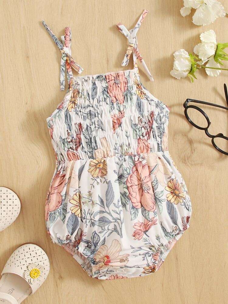 SHEIN Baby Floral Print Tie Shoulder Shirred Cami Bodysuit | SHEIN