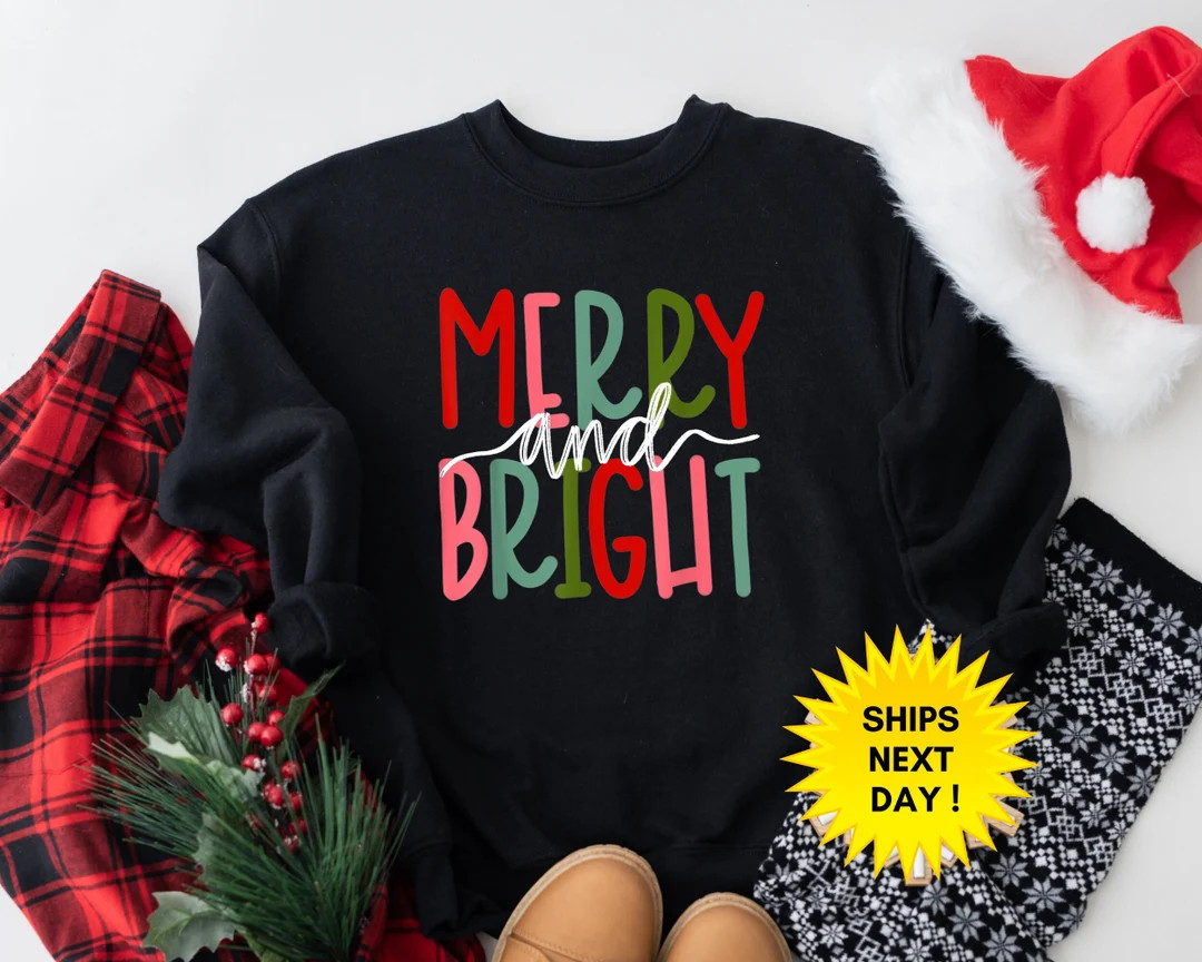 Merry and Bright Sweatshirt Christmas Sweatshirt Family - Etsy | Etsy (US)