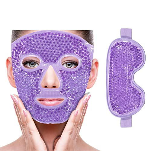 Cooling Ice Face Eye Mask for Reducing Puffiness, Bags Under Eyes,Sinus,Redness,Pain Relief,Dark Circles, Migraine,Hot/Cold Pack with Soft Plush Backing (Purple(1* Eye Mask+1*Face Mask)) | Amazon (US)