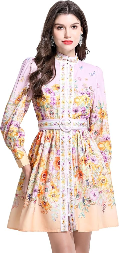 LAI MENG FIVE CATS Women's Floral Print Lantern Sleeve Button Casual A-line Mini Dress with Belt | Amazon (US)