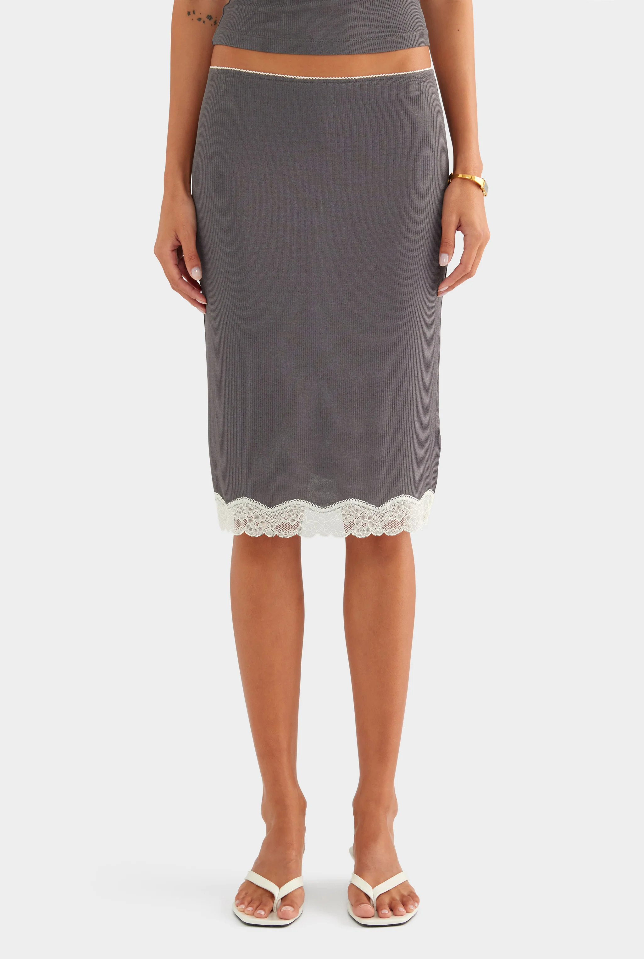 Lace Rib Midi Skirt Dark Grey/Antique White | Venroy | Venroy AU