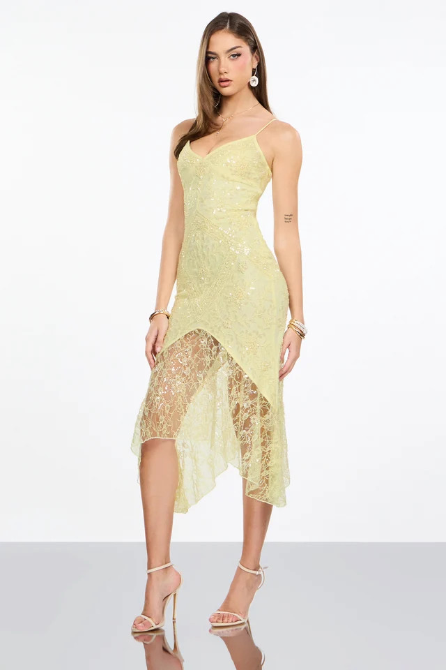 Roxie Beaded Lace Asymmetrical Midi Dress | Windsor Stores