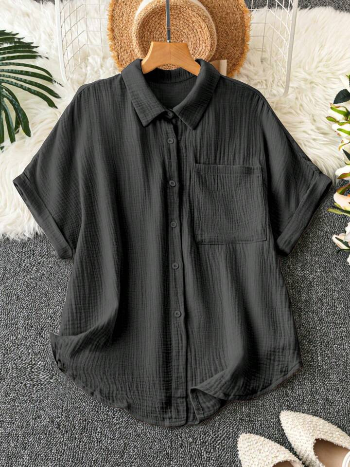 SHEIN LUNE Plus Size Asymmetrical Hem Lapel Collar Short Sleeve Shirt With Front Button And Pocke... | SHEIN