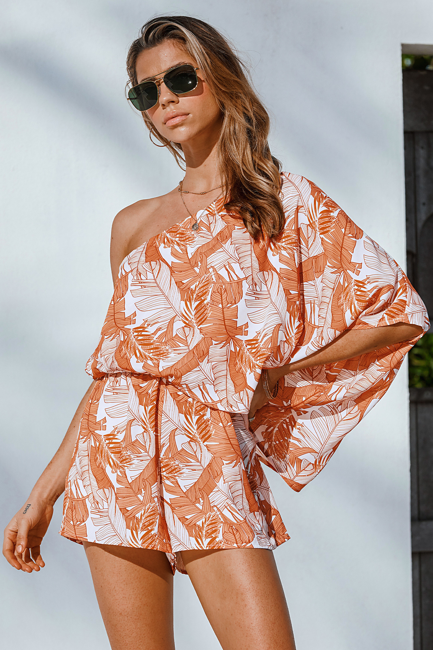 Orange Tropical Leaf Print One-Shoulder Romper | Cupshe US