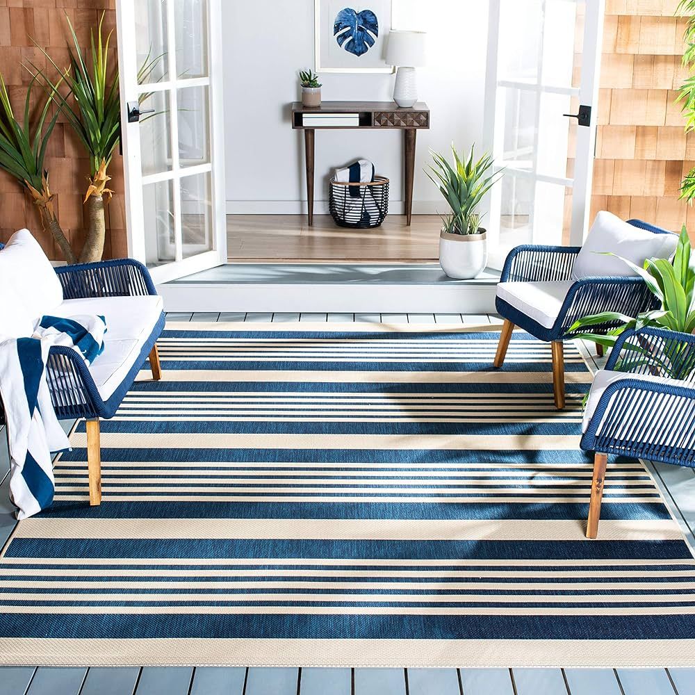 SAFAVIEH Courtyard Collection Accent Rug - 4' x 5'7", Navy & Beige, Non-Shedding & Easy Care, Ind... | Amazon (US)