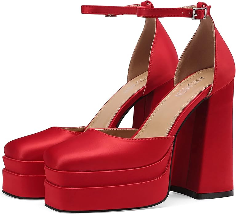 amiuwen Women Platform Pump Sandals,5" Chunky Block Heel,Ankle Strap Buckle,Closed Square Toe,Par... | Amazon (US)