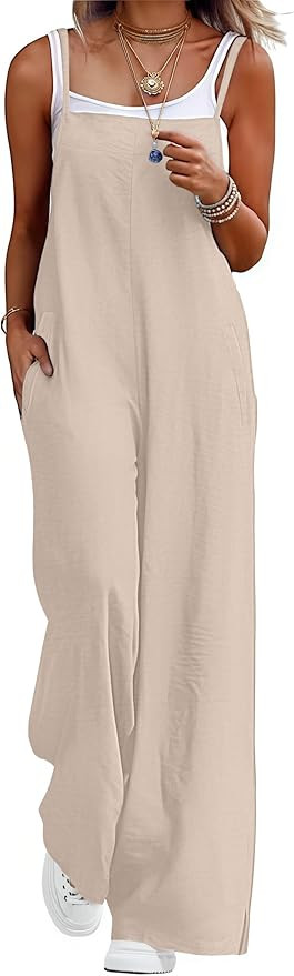 Lepunuo Womens Casual Loose Jumpsuits Summer Boho Wide Leg Rompers Sleeveless Overalls with Pocke... | Amazon (US)