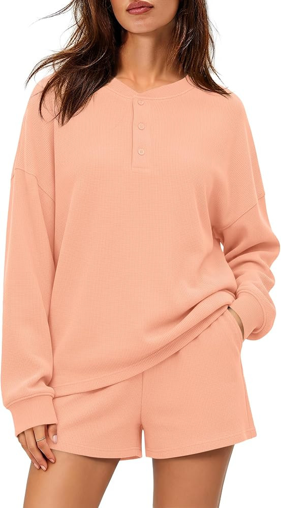 LAMISSCHE Womens 2 Piece Lounge Set Fall Outfits Waffle Knit Top Shorts Set | Amazon (US)