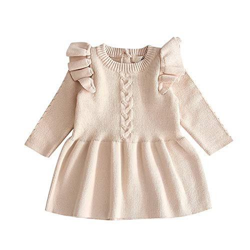 Toddler Baby Girl Knit Sweater Dress Cute Kids Solid Ruffle Long Sleeve Dresses Top Fall Winter Warm Outfits Clothes Apricot Ruffle 2-3 Years | Amazon (US)