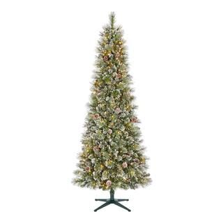 7 ft. Pre-Lit LED Sparkling Amelia Frosted Slim Pine Artificial Christmas Tree with 300 Warm Whit... | The Home Depot