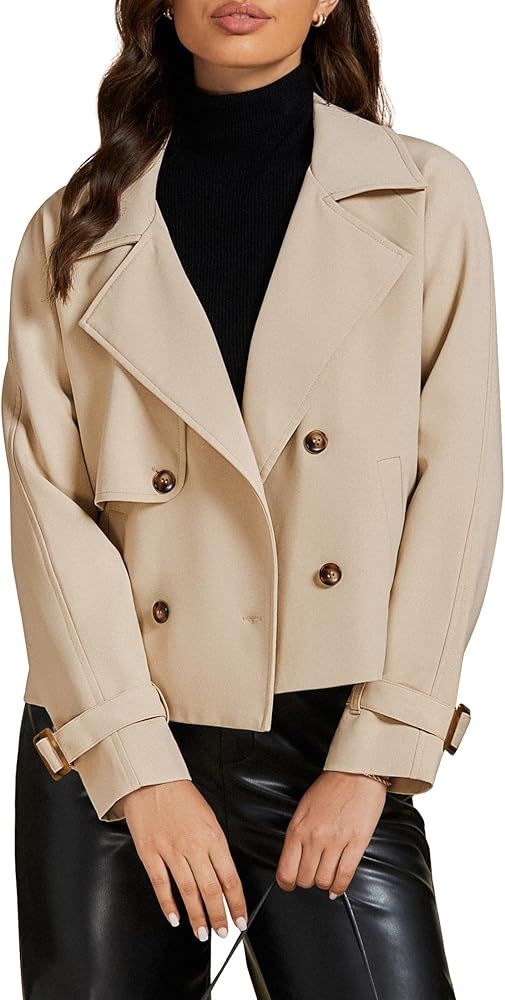 luvamia Cropped Trench Coat for Women Long Sleeve Double Breasted Notched Lapel Casual Loose Fit ... | Amazon (US)