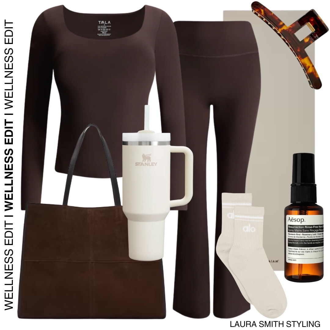 January Wellness & Fitness Edit | long sleeve brown gym top, brown flared leggings, brown hair clip, yoga mat, Stanley cup, suede handbag, ankle socks, hand cleaning spray. Pilates, yoga, weights, gym outfits  

#LTKfitness #LTKuk #LTKstyletip