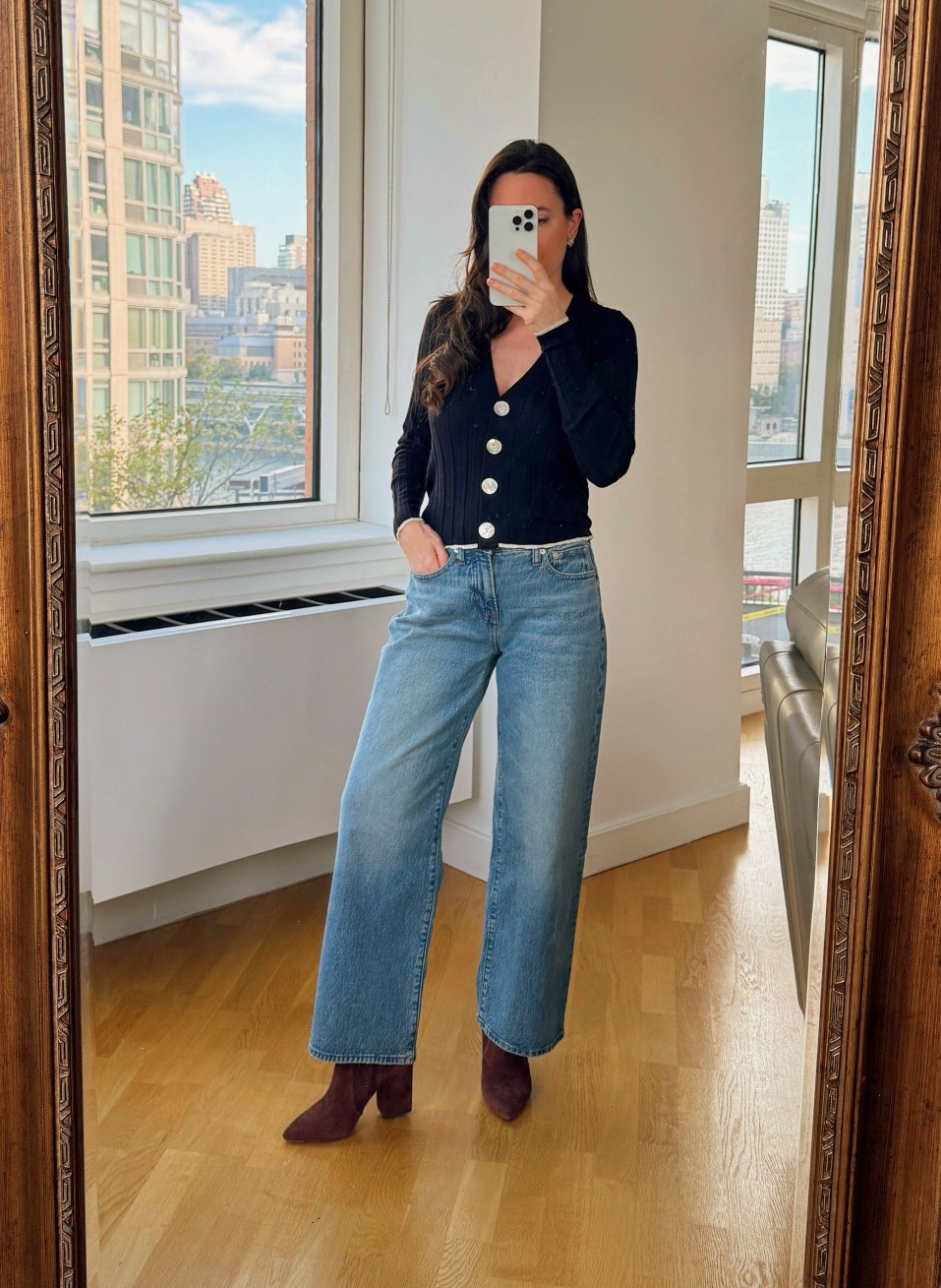 Navy sweater xs, stunning buttons!
Madewell jeans 25 p
Loeffler Randall suede booties