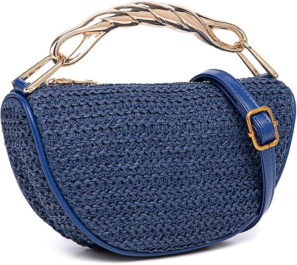 Summer Straw Crossbody Bags For Women Metal Top Handle Purse Designer Beach Handbag Mini Hobo Bag | Amazon (US)