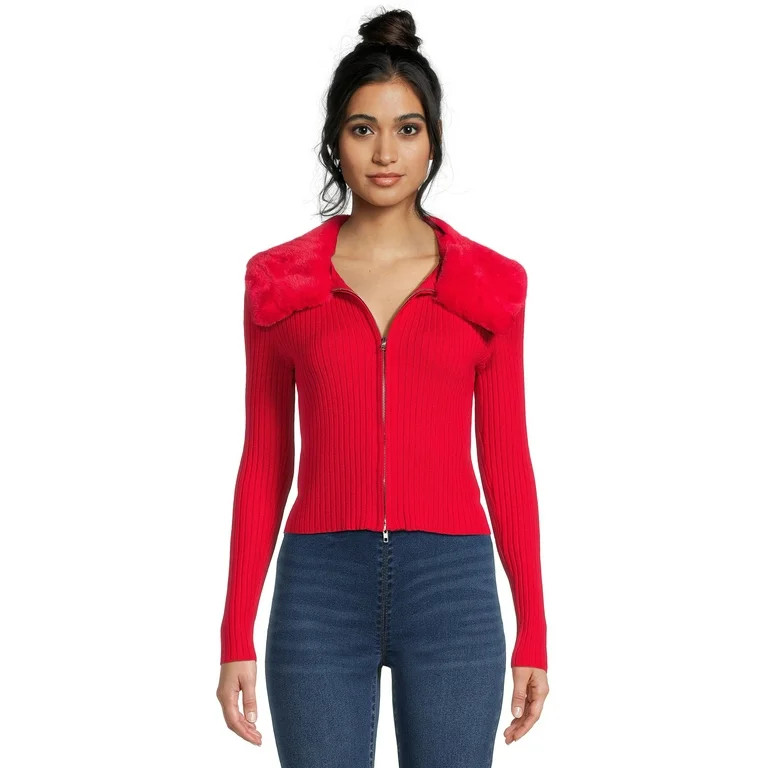 No Boundaries Juniors Cardigan with Faux Fur Trim Collar, Sizes XS-3XL | Walmart (US)