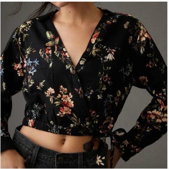 Pilcro Anthropologie Button Front Cropped Black Floral Blouse with Tie | Poshmark