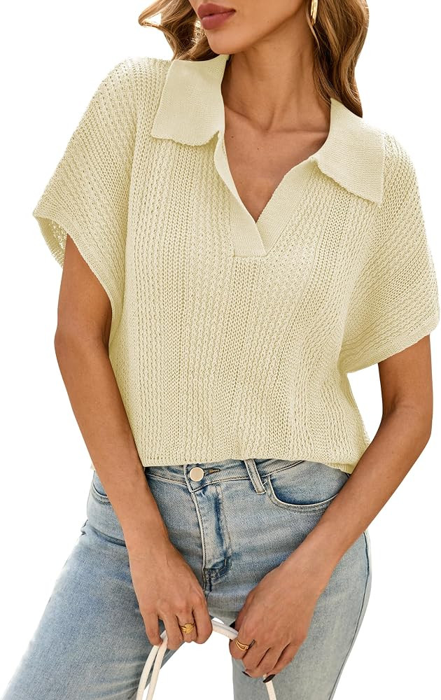 Cakulo Womens Short Sleeve Sweaters Tops Spring Summer 2026 Polo V Neck Collared Crochet Knit Vac... | Amazon (US)