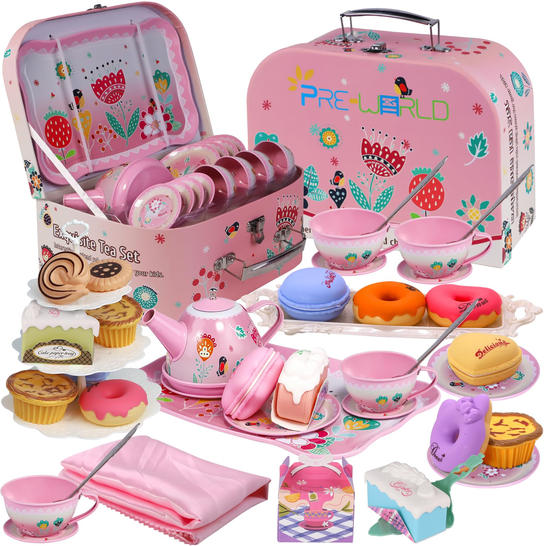 Tea Party Set for Little Girls,PRE-WORLD Princess Tea Time Toy Including Dessert,Cookies,Doughnut... | Amazon (US)