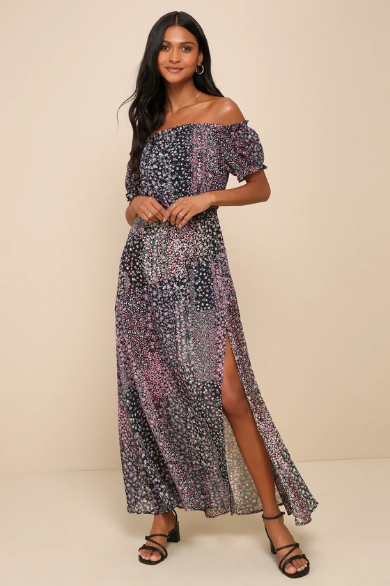 Neva Navy Blue Floral Print Off-the-Shoulder Maxi Dress | Lulus