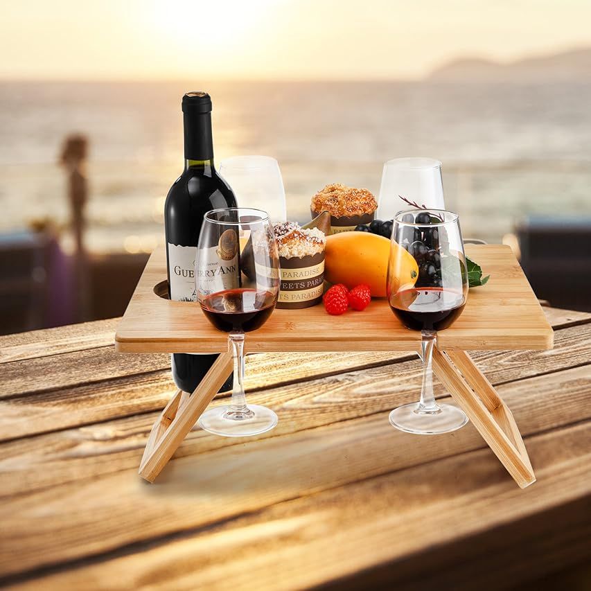 Ollieroo Portable Wine Picnic Table, Foldable Bamboo Snack Table with Wine Bottle and Glass Holder f | Amazon (US)