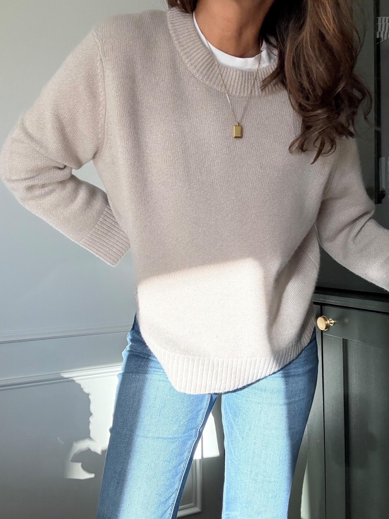 This sweater quickly became a favorite.  I took my bigger size but didn’t need to as it is already a relaxed fit.  
I took my bigger size in jeans 