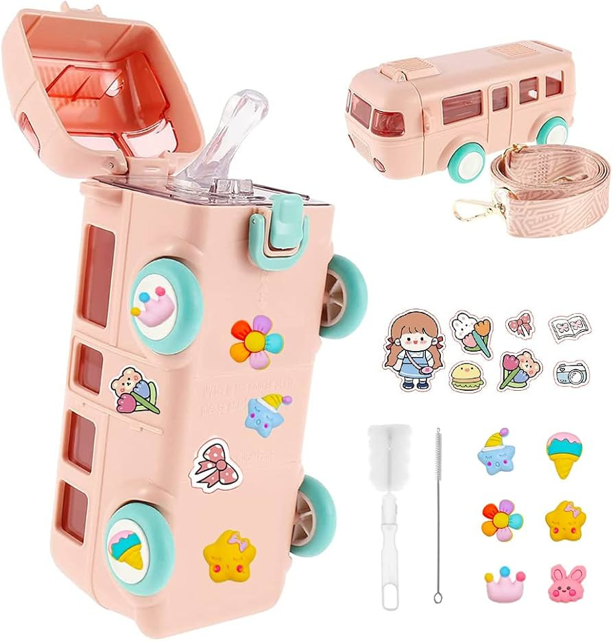 Bus Water Bottle for Kids-16oz Detachable Bus Straw Water Cup with Shoulder Strap Leak-Proof Kids... | Amazon (US)