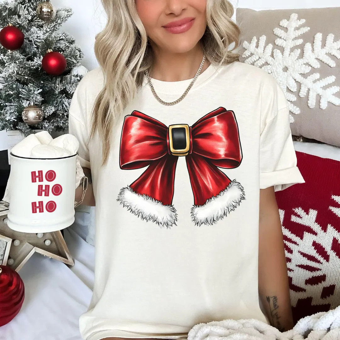 Comfort Colors Christmas Graphic Tee, Red Santa Bow, Coquette, Xmas, Gifts for Her, Oversized Tee... | Etsy (US)