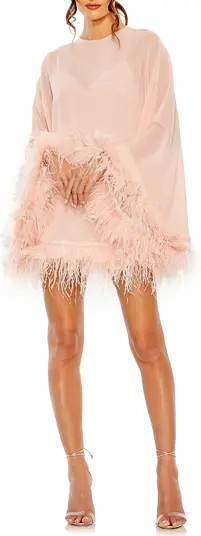 Long Sleeve Feather Trim Trapeze Minidress | Nordstrom