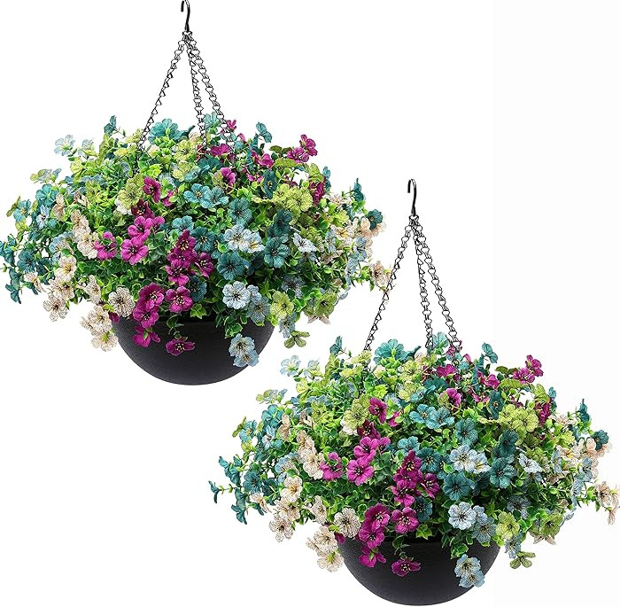 2 Sets Artificial Hanging Plants Flowers with Basket for Outdoors,30 Bundles UV Resistant Fake Pl... | Amazon (US)