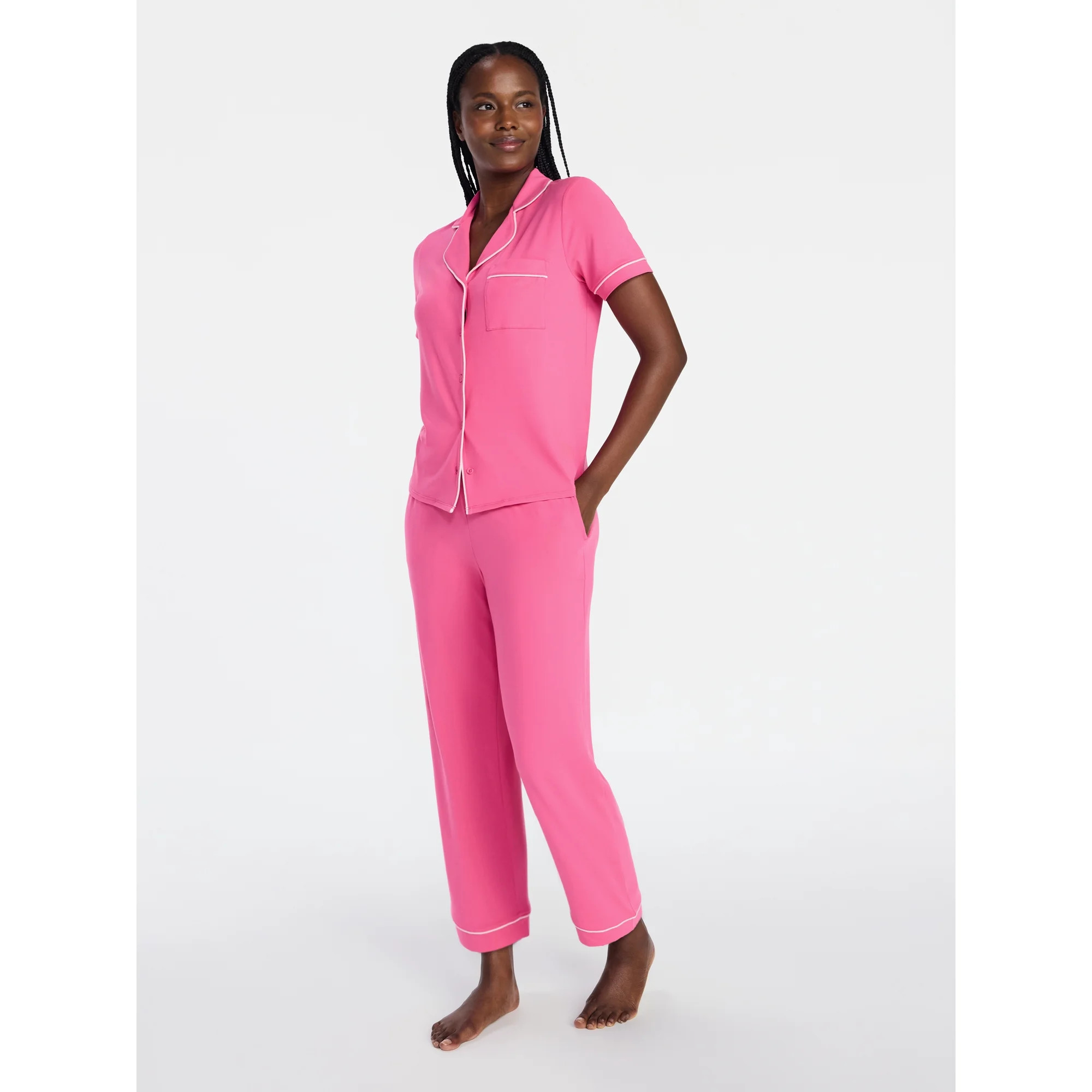 Joyspun Women's Dreamy Soft Collection Notch Knit Top and Capri Pants Pajama Set, 2-Piece, Sizes ... | Walmart (US)