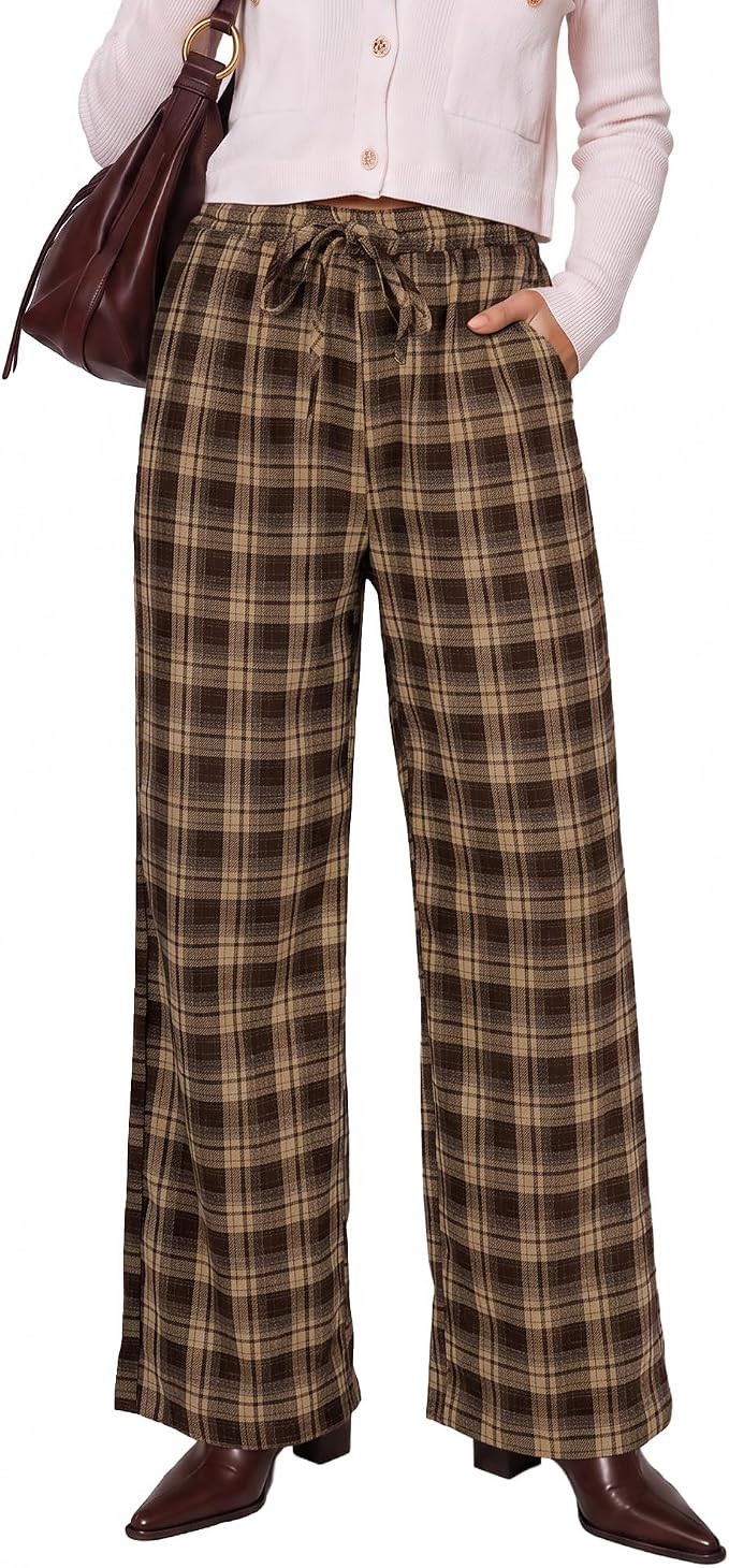 GRAPENT Plaid Pants for Women Wide Leg Elastic Waist Baggy Pull On Trousers | Amazon (US)