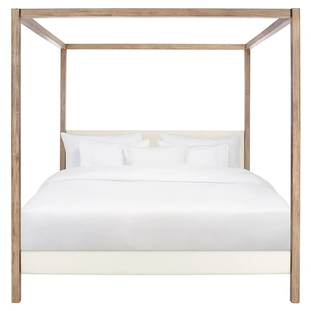 Avelise Modern Classic White Boucle Natural Mahogany Canopy Bed - King | Kathy Kuo Home
