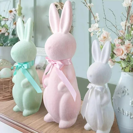 To Celebrate Easter Flocked Bunny Tabletop Decor, Pastel Pink, Green & White, Set of 3, 10" - 15.5" H | Walmart (US)