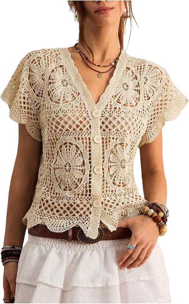 SHENHE Women's Boho Lace Crochet Vest Tops Short Sleeve Button Up Hollow Out Lightweight Cardigan... | Amazon (US)