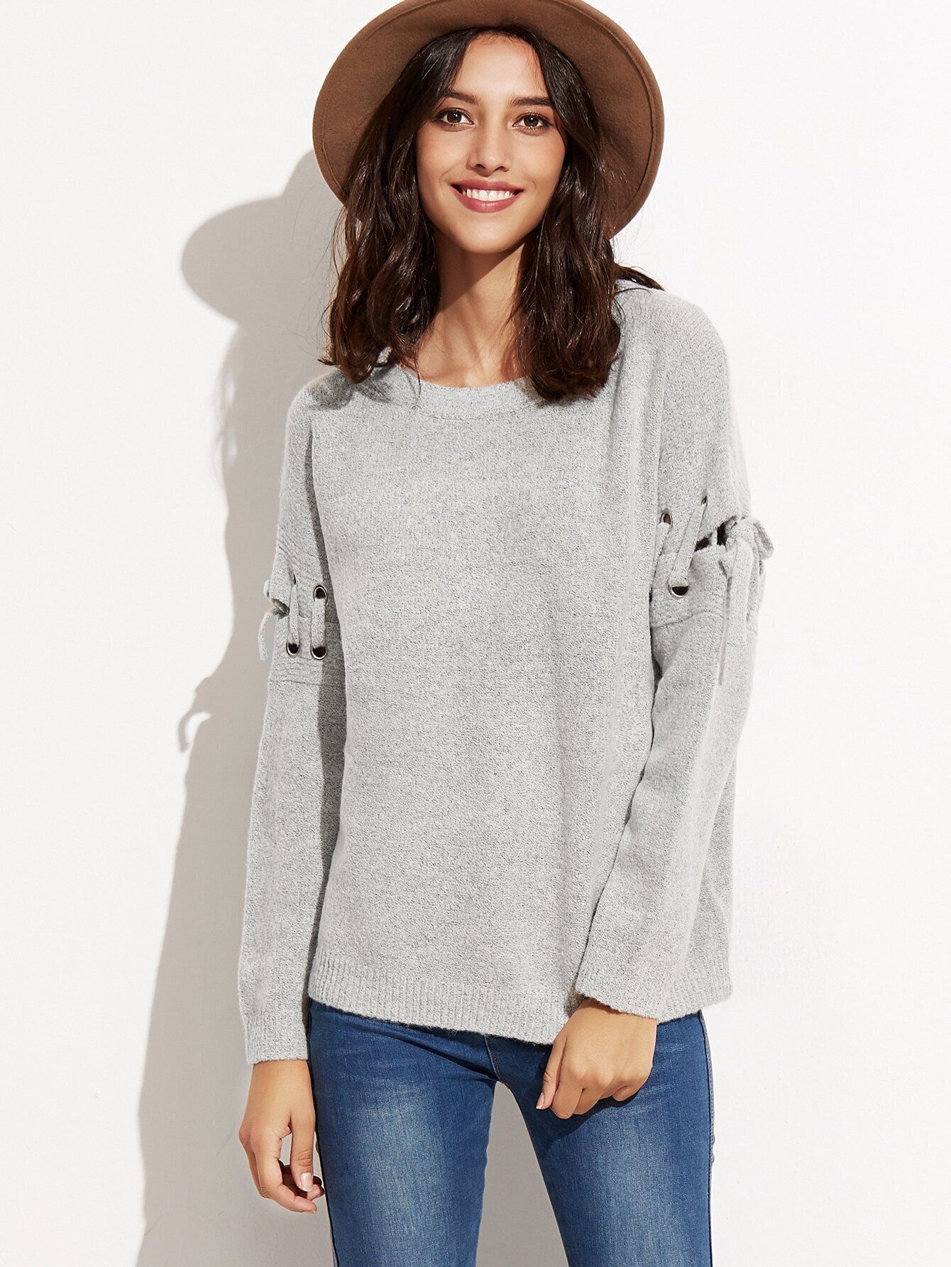 Grey Eyelet Lace Up Sleeve Pullover Sweater | Romwe