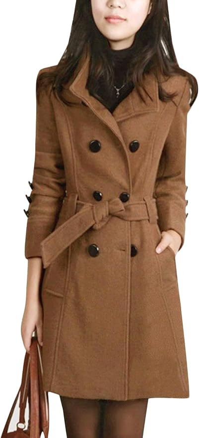 Tanming Womens Winter Casual Lapel Wool Blend Double Breasted Pea Coat Trench Coat (Camel, Small) | Amazon (US)