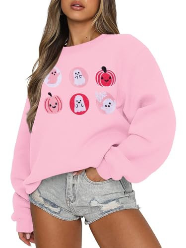 MOUSYA Halloween Cookies Boo Embroidered Sweatshirt Woman Spooky Season Shirt Ghost Pumpkin Sweater Fall Long Sleeve Tops Pink | Amazon (US)