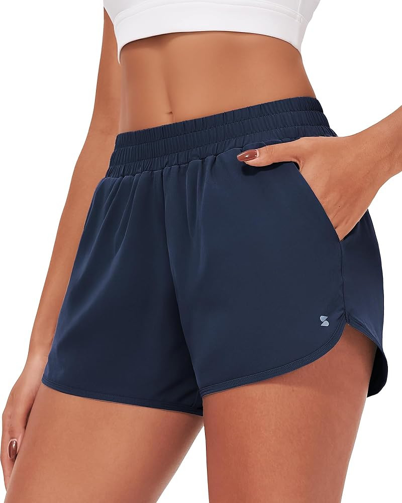 Stelle Womens 3" Running Shorts Mesh Liner High Waisted Workout Shorts Quick Dry Dolphin Athletic... | Amazon (US)