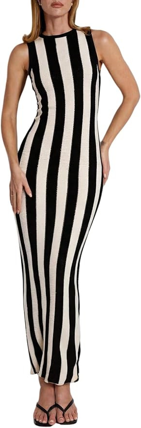 Milumia Women's Striped Knit Maxi Tank Dress Crew Neck Sleeveless Long Bodycon Dresses | Amazon (US)