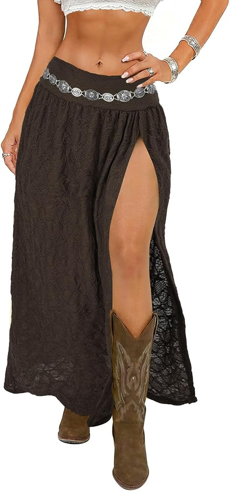 Women's Western Boho Lace Maxi Skirt High Slit Cowgirl Skirts Sexy Beach Skirt Country Concert Ou... | Amazon (US)