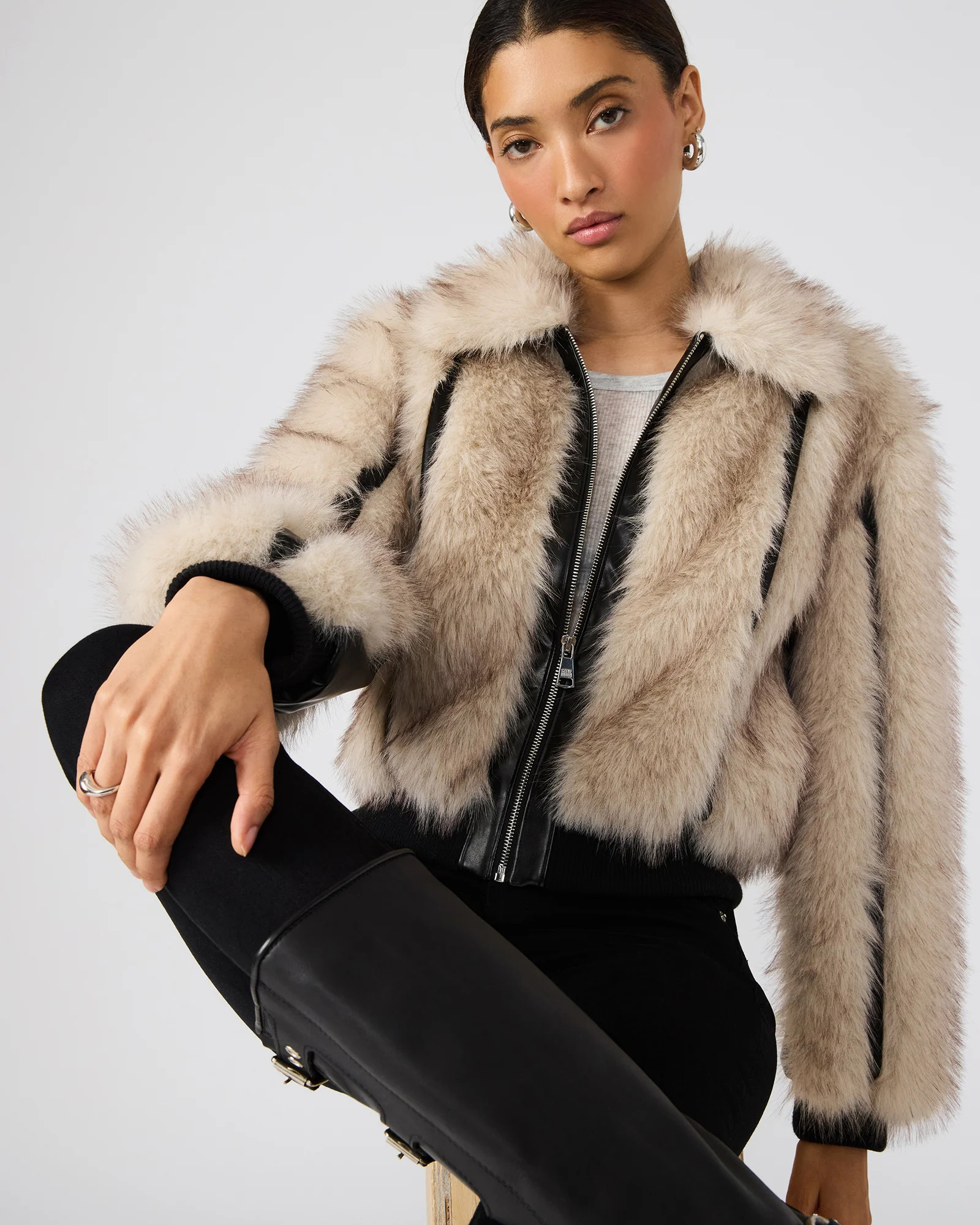 CHARMAINE Natural Faux Fur Long-Sleeved Faux Leather Women's Jacket | Steve Madden (US)