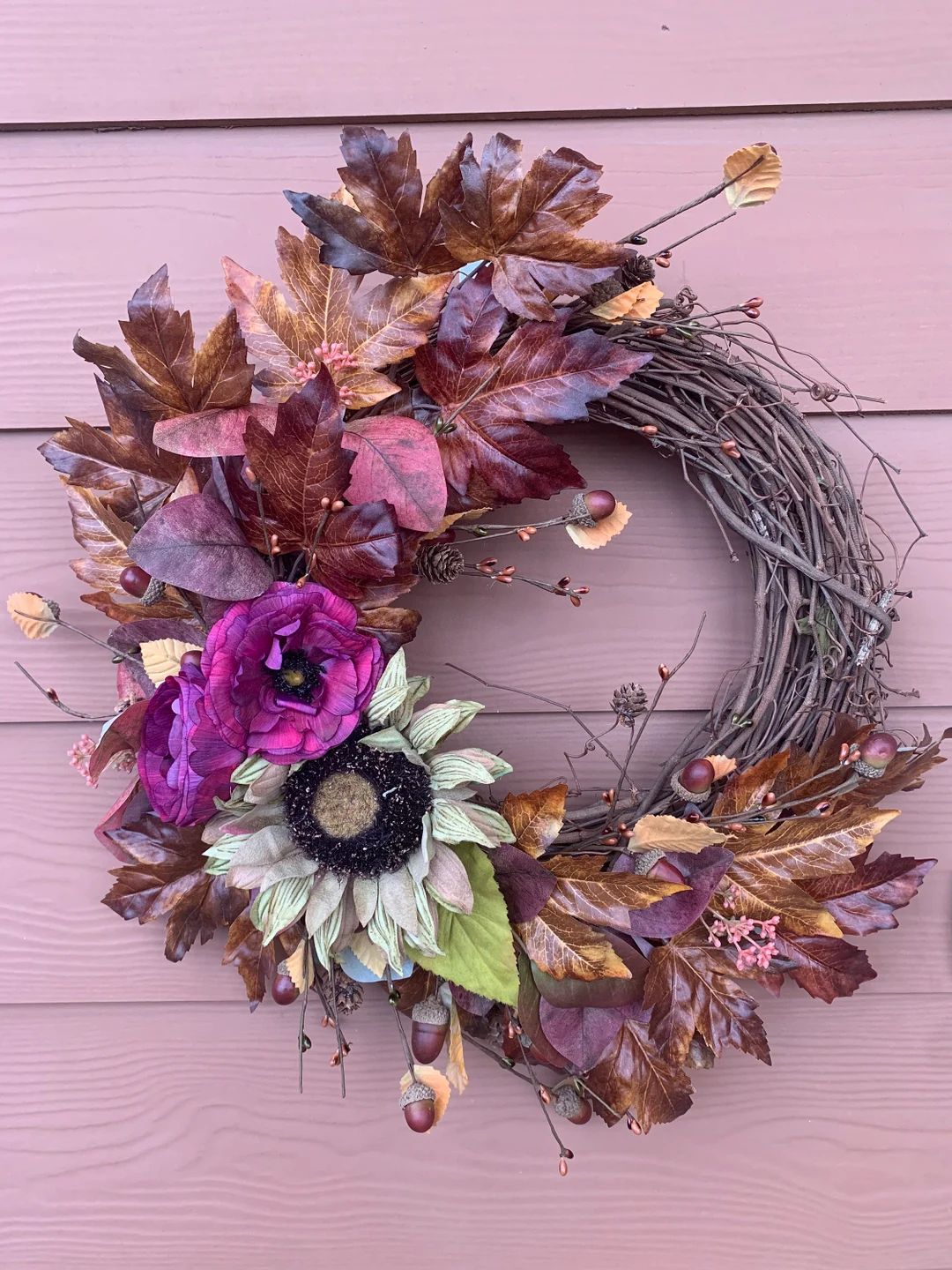 Fall Floral wreath, Fall grapevine wreath, Moody brown maple leaf wreath, Sunflower wreath, acorn... | Etsy (US)