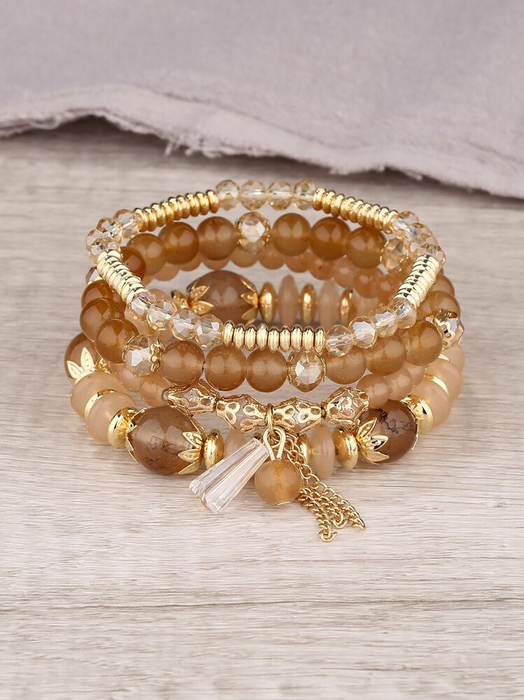 4pcs/Set Random Crystal Beaded Bracelet Boho Faux Agate Faux Pearl Tassel Chain Charm Beaded Brac... | SHEIN