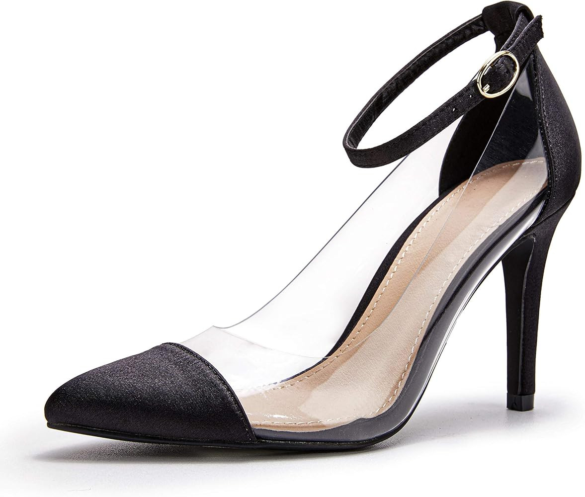 Ermonn Womens High Heels Clear Stiletto Pumps Pointed Toe Ankle Strap Wedding Dress Summer Shoes | Amazon (US)
