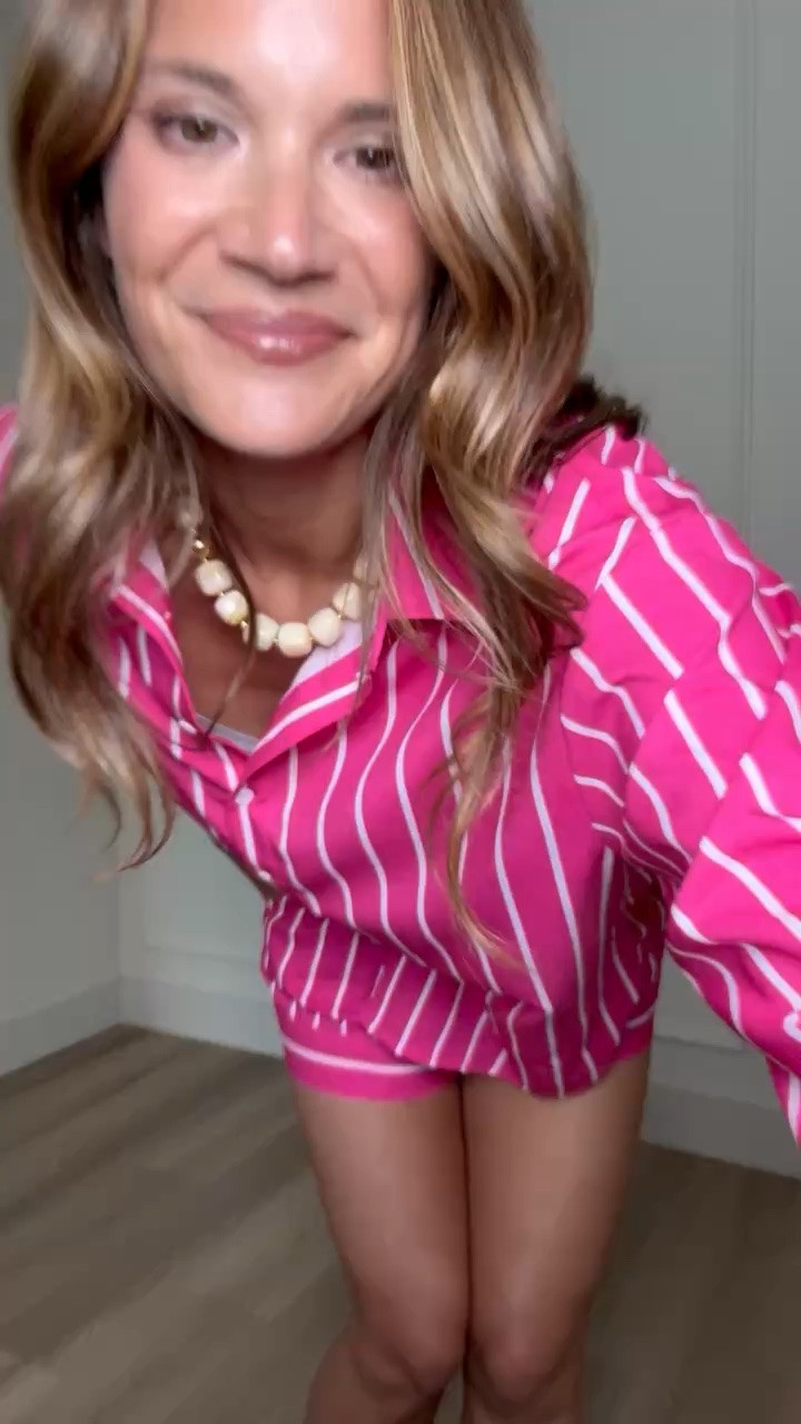 This pink striped set is too cute for slow mornings, travel days, or just lounging at home. The button-down top and matching shorts feel lightweight and comfortable, and I love that you can wear the pieces together or mix them into your everyday wardrobe.

Pink matching set, striped set, lounge set, pajama set, travel outfit, comfy outfit, button down shirt, matching shorts, casual style, everyday fashion, StangandCo

#LTKTravel #LTKTall #LTKootd