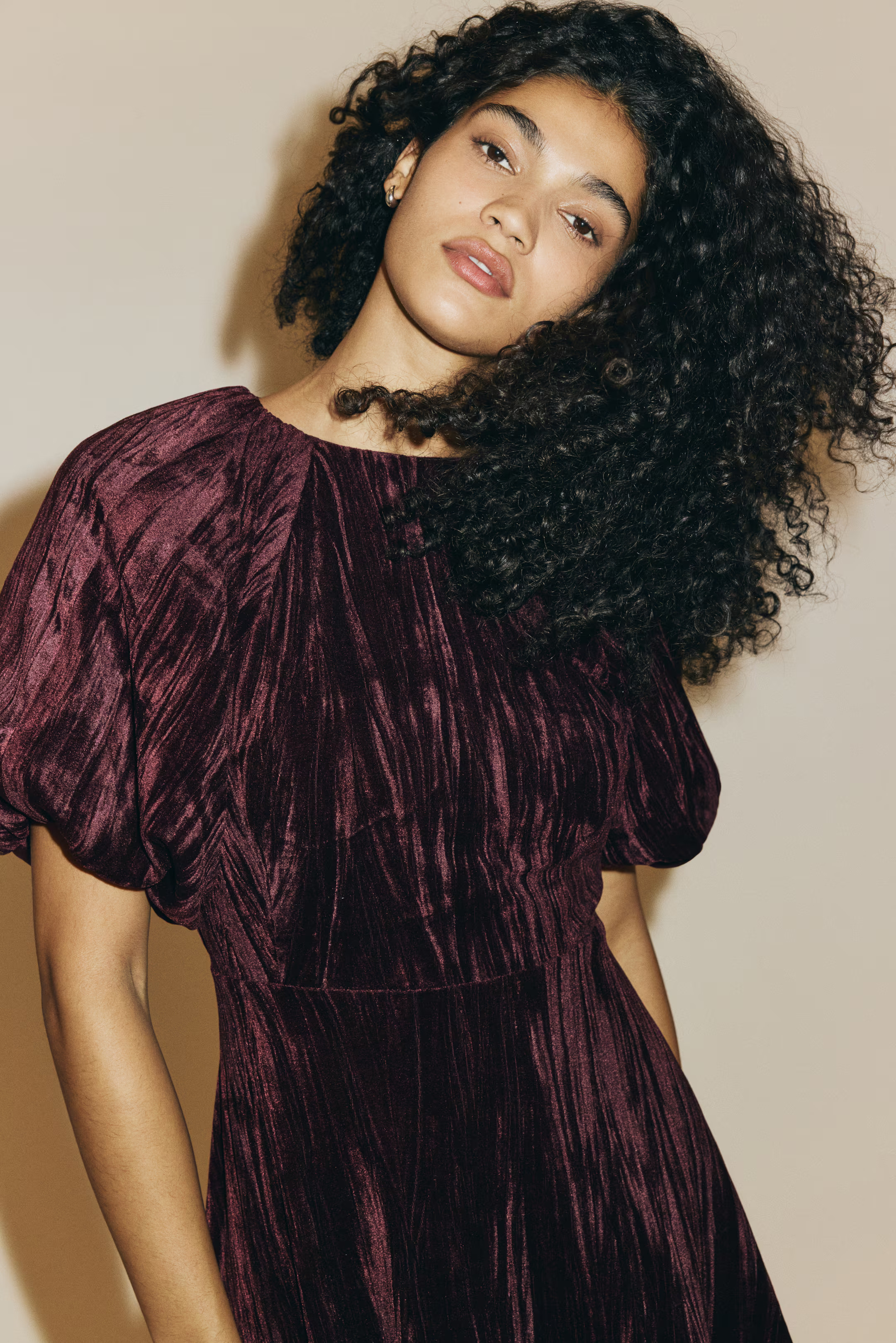 Balloon-sleeved dress - Burgundy - Ladies | H&M GB | H&M (UK, MY, IN, SG, PH, TW, HK)