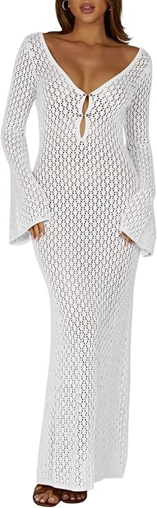 Saodimallsu Womens Crochet Maxi Cover Up Dress Beach Swim Vacation Coverups Long Sleeve Sexy Body... | Amazon (US)
