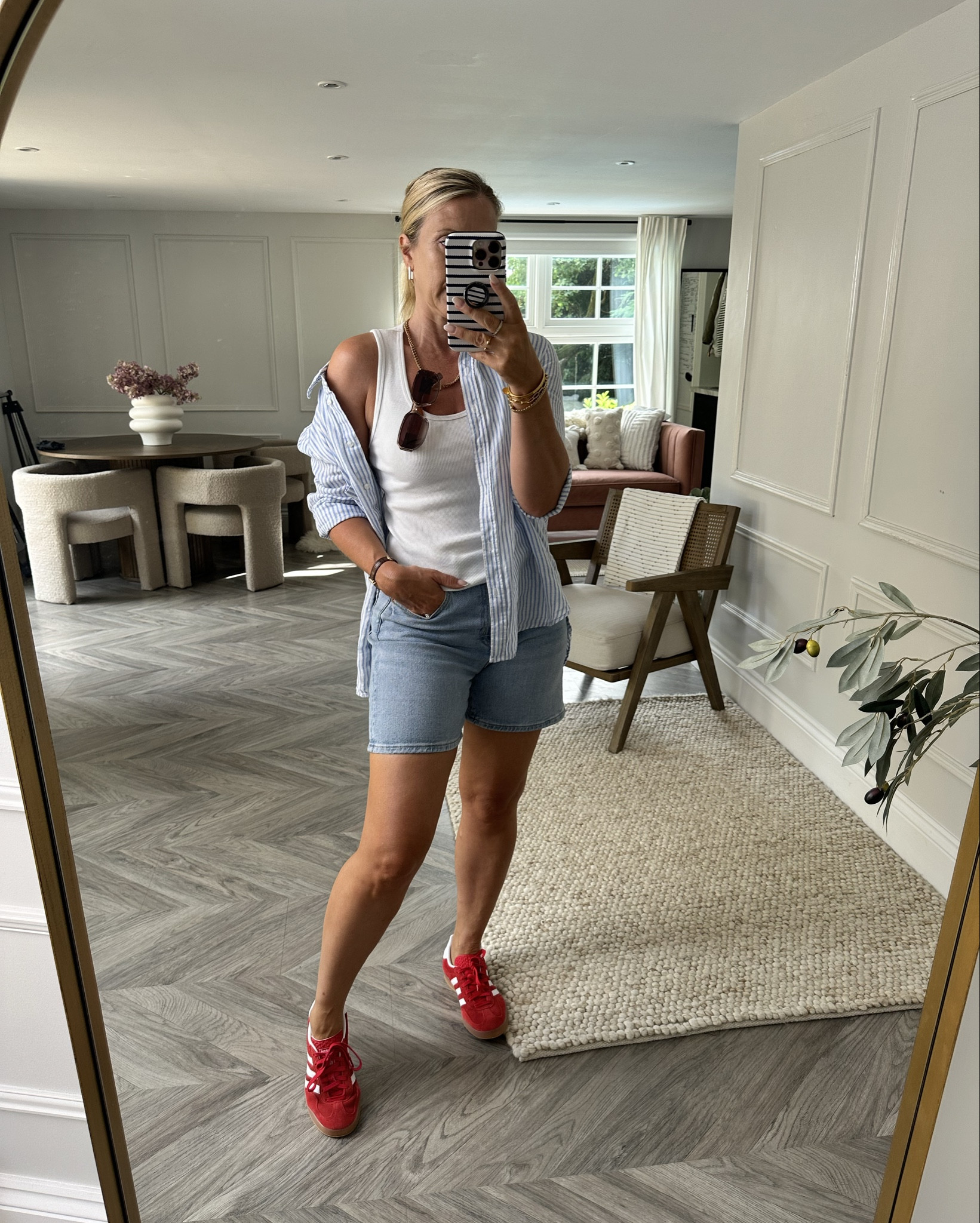 I don’t advise putting your sunglasses there (watch video!!). 
New red gazelles because daughter stole my last pair! 
Summer dog walking outfit. 

#LTKstyletip #LTKsummer #LTKuk