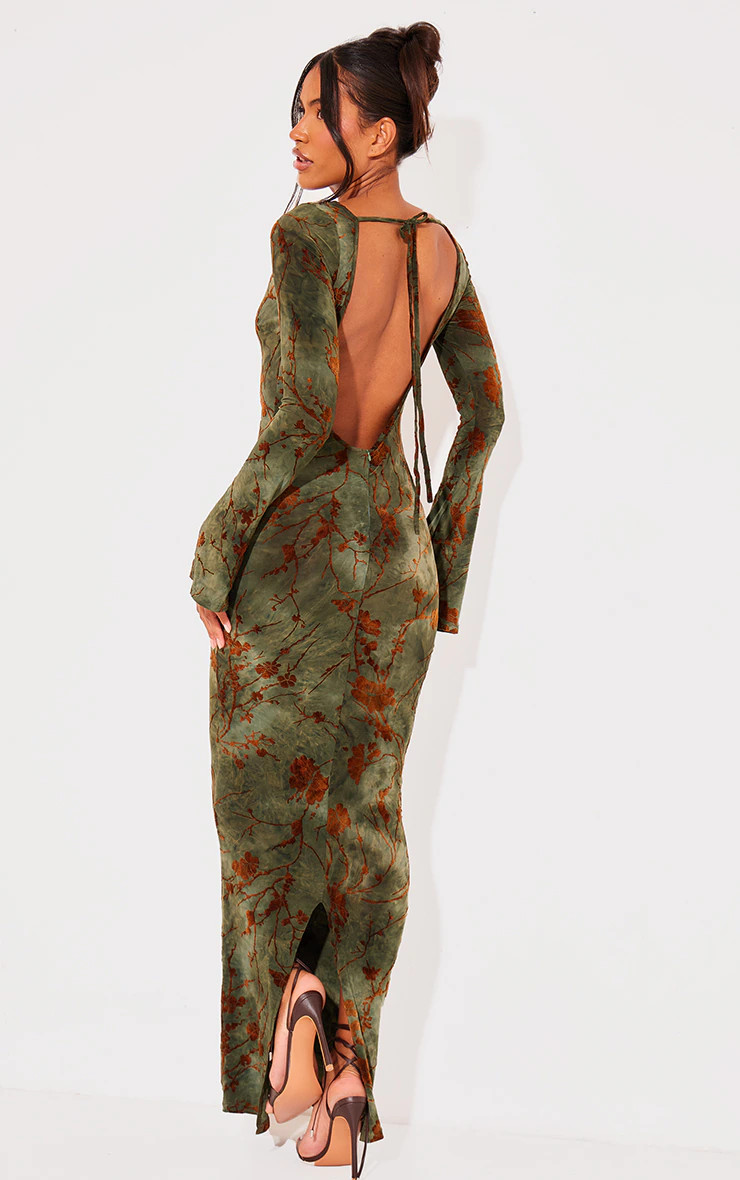 Green Floral Devore Long Sleeve Maxi Dress | PrettyLittleThing US