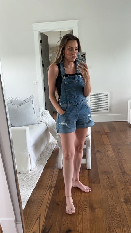 Walmart find: cutest denim overalls shorts for summer. I love these for gardening, house chores, and more. They come in several different washes. Wearing a size small. $17  

#LTKhome #LTKSeasonal #LTKunder50
